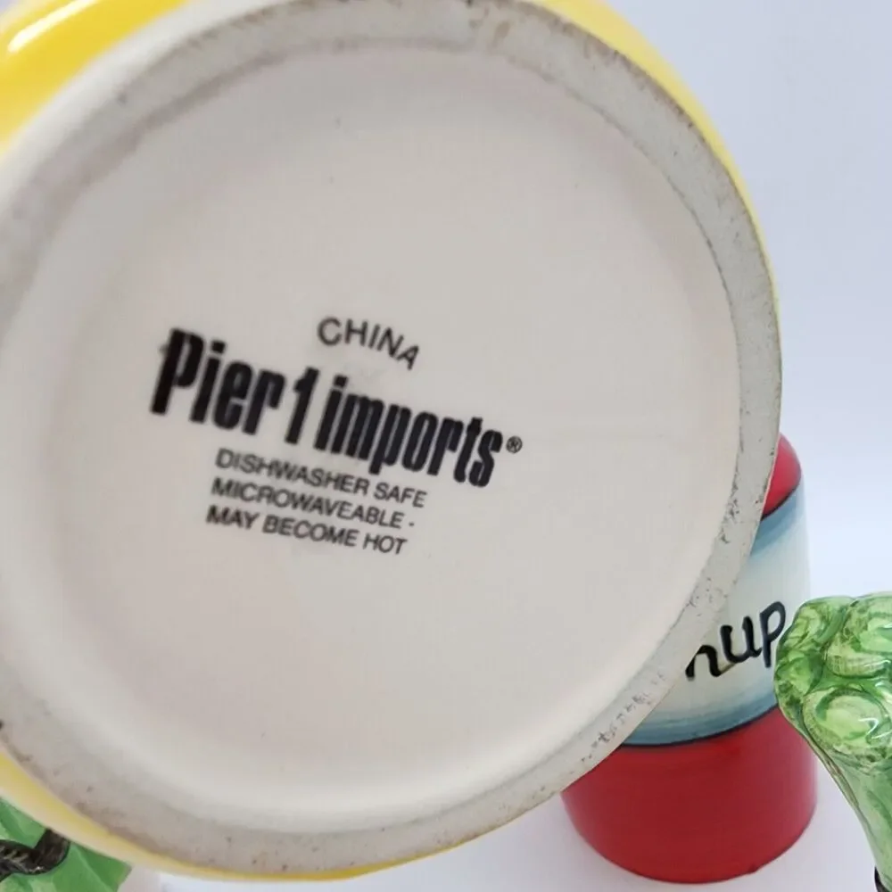 Pier 1 Imports Ceramic Ketchup Mustard Dispensers Salt Pepper Shakers Picnic Set
